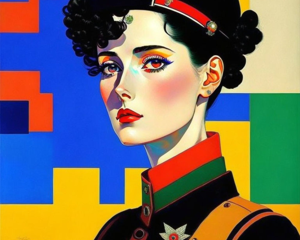 Colorful Geometric Military Uniform Portrait of Woman