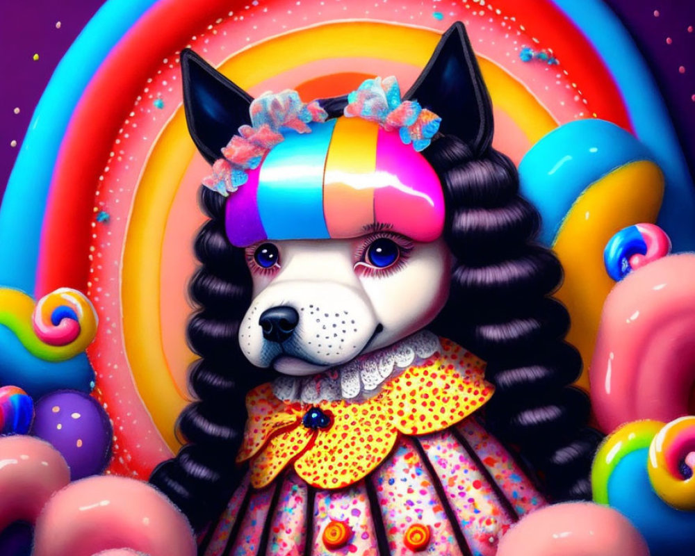 Colorful Stylized Dog in Dress with Candy Background