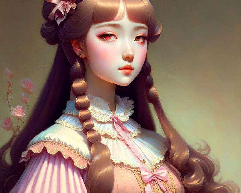 Ethereal girl in braided brown hair and pink Victorian dress