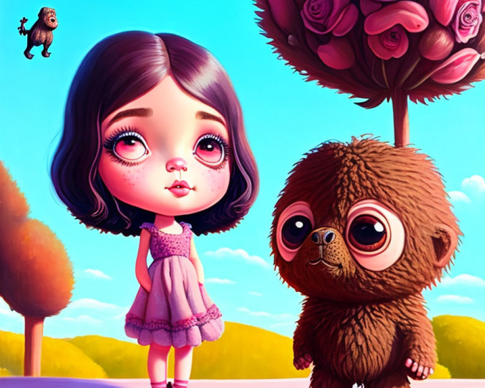 Illustration of girl in purple dress with big eyes and fluffy creature under a tree with rose blossoms