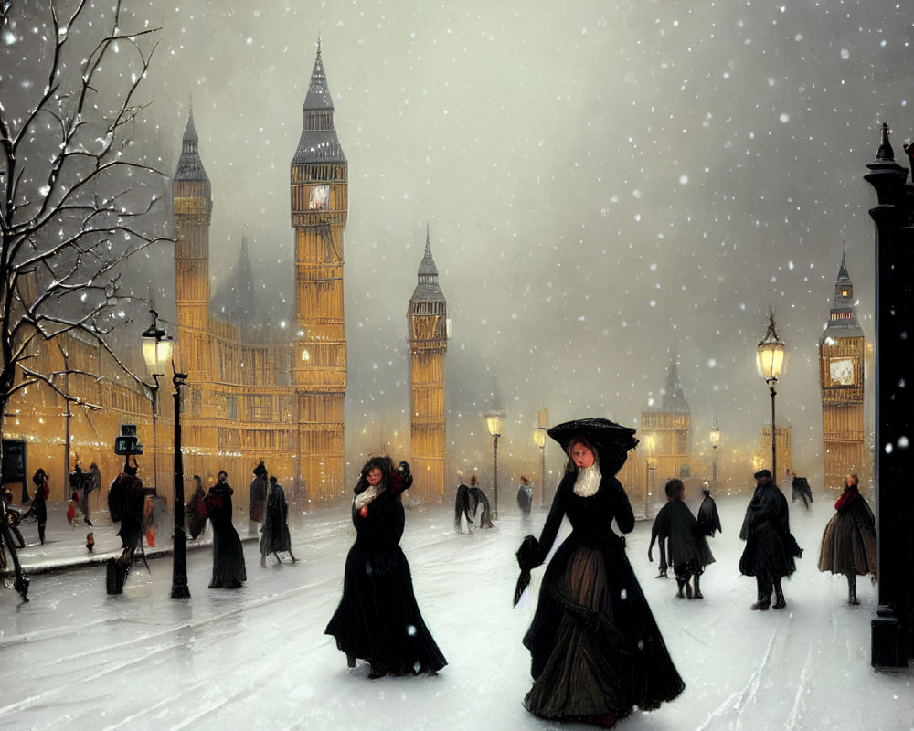 Victorian-era snowy street with Big Ben and Westminster Palace in the background