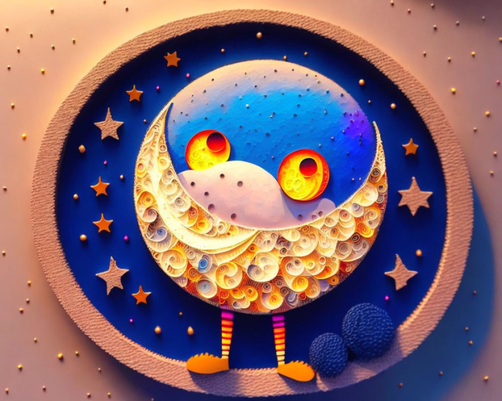 Whimsical moon with face and striped socks in circular frame surrounded by stars