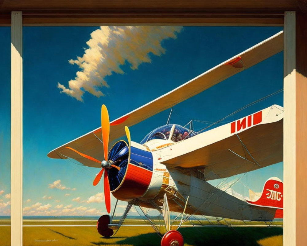 Colorful painting of red and white propeller plane in hangar