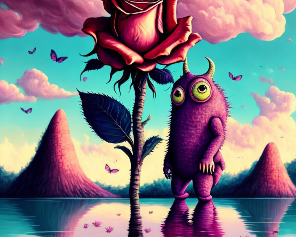 Whimsical creature with green eyes near red rose by pink lake