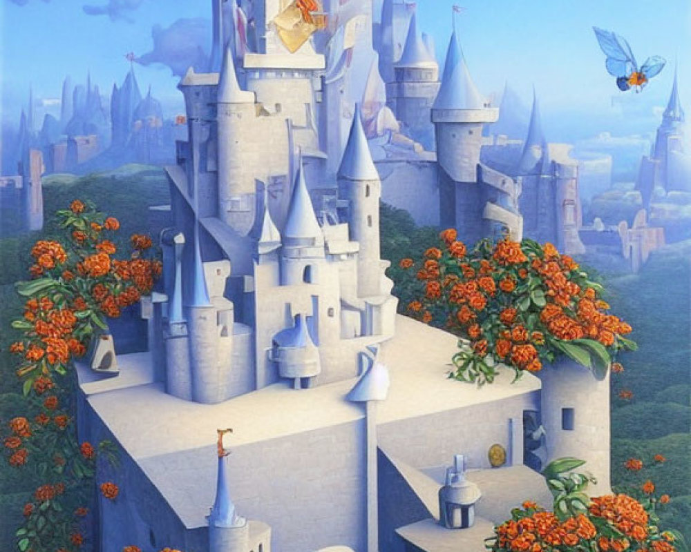 Whimsical painting of tall castle with blue roofs and airships