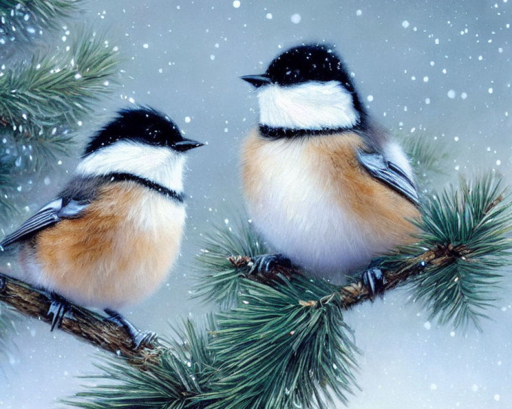 Chickadees on snowy pine branch with gentle snowfall
