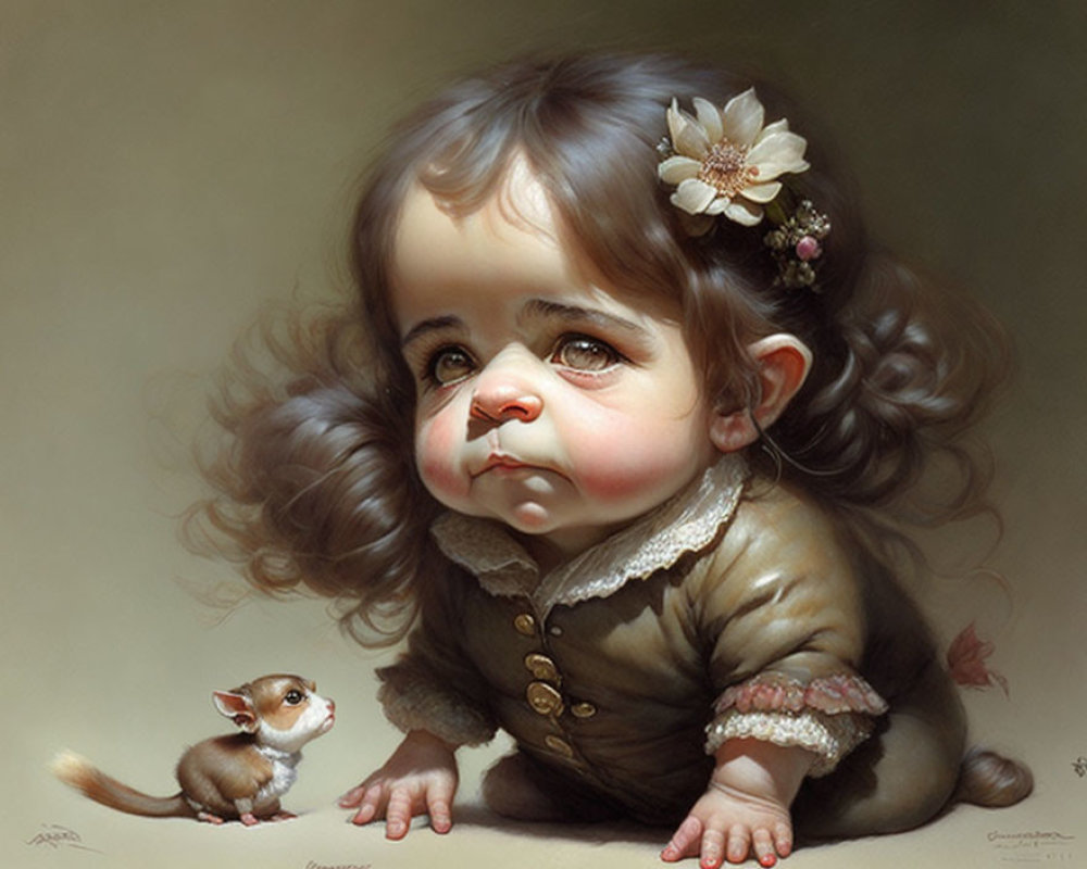 Hyperrealistic Toddler and Puppy Painting with Expressive Eyes and Curly Hair