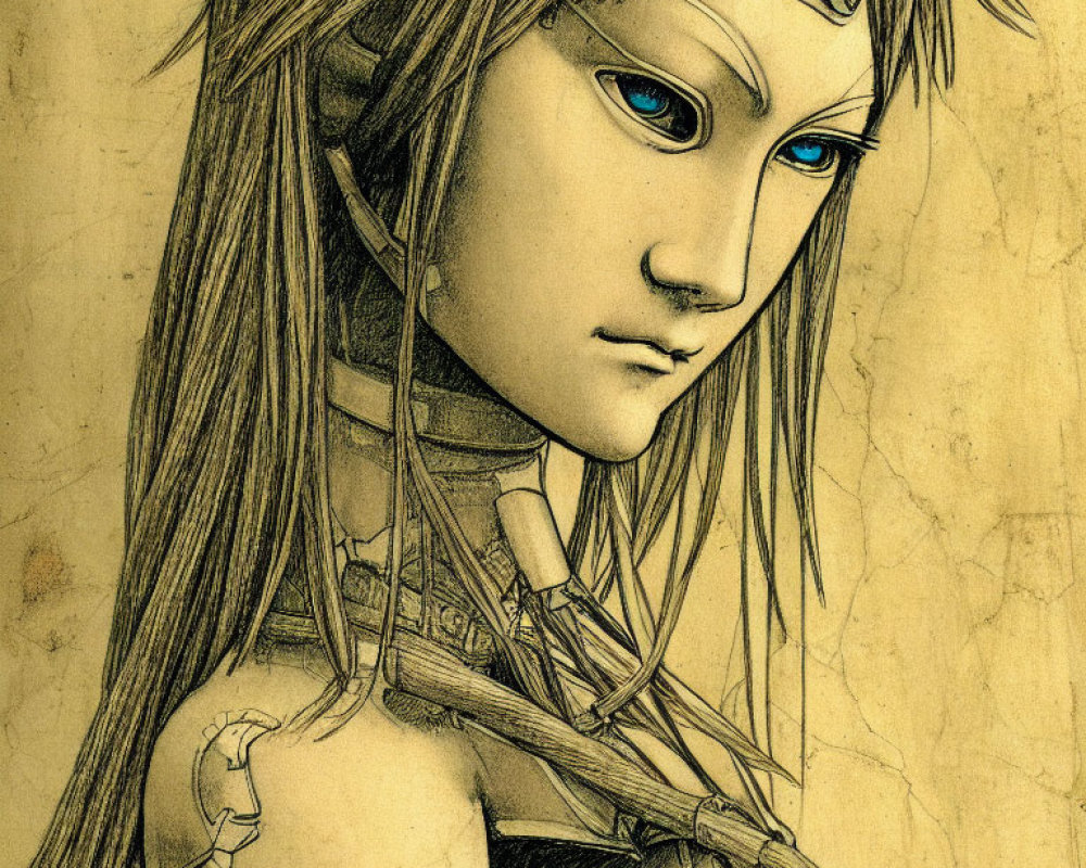 Sepia-toned sketch of female character with facial markings, blue eyes, and long hair