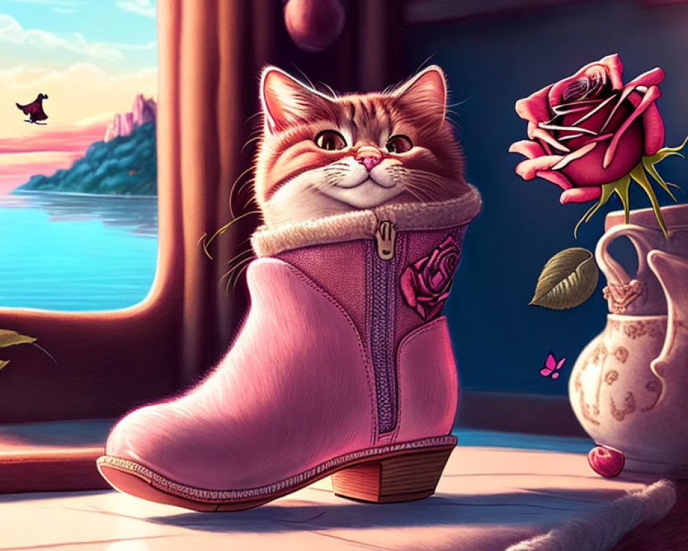 Whimsical cat illustration in pink boot with sunset view vase