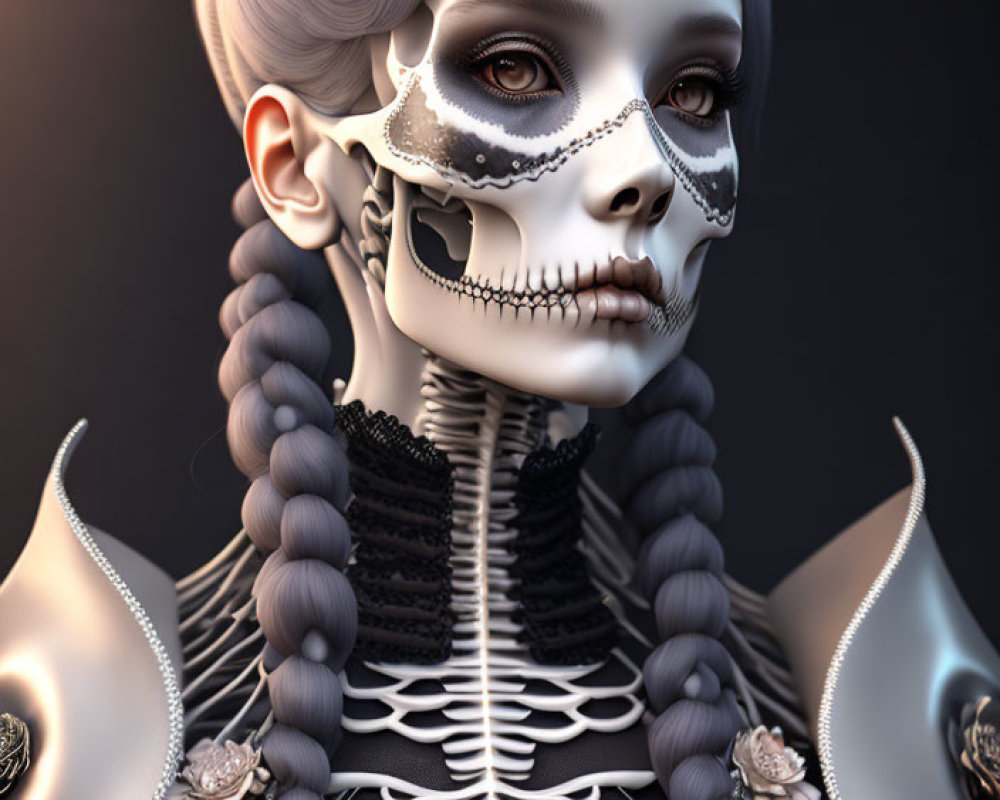 3D illustration: Female figure with skull makeup, braided hair, and gothic outfit