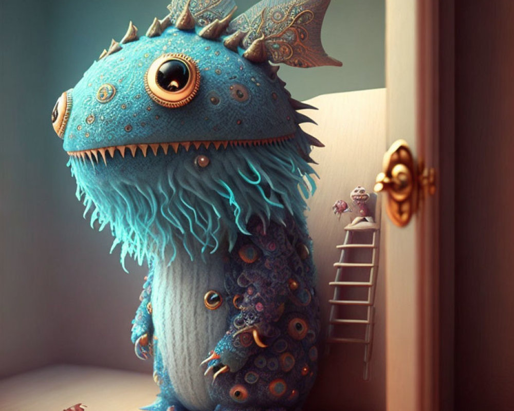 Blue one-eyed creature with teal fur mane and intricate patterns, accompanied by tiny beings with ladders.