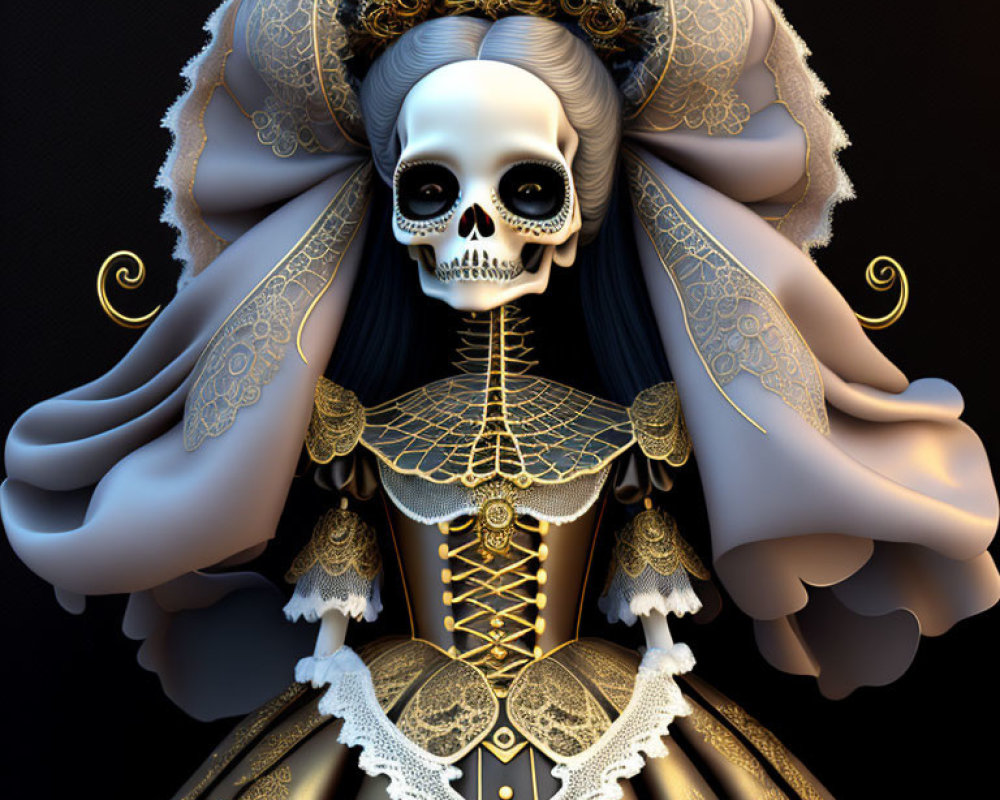 Elaborately dressed skeleton figure with lace and gold details on dark background