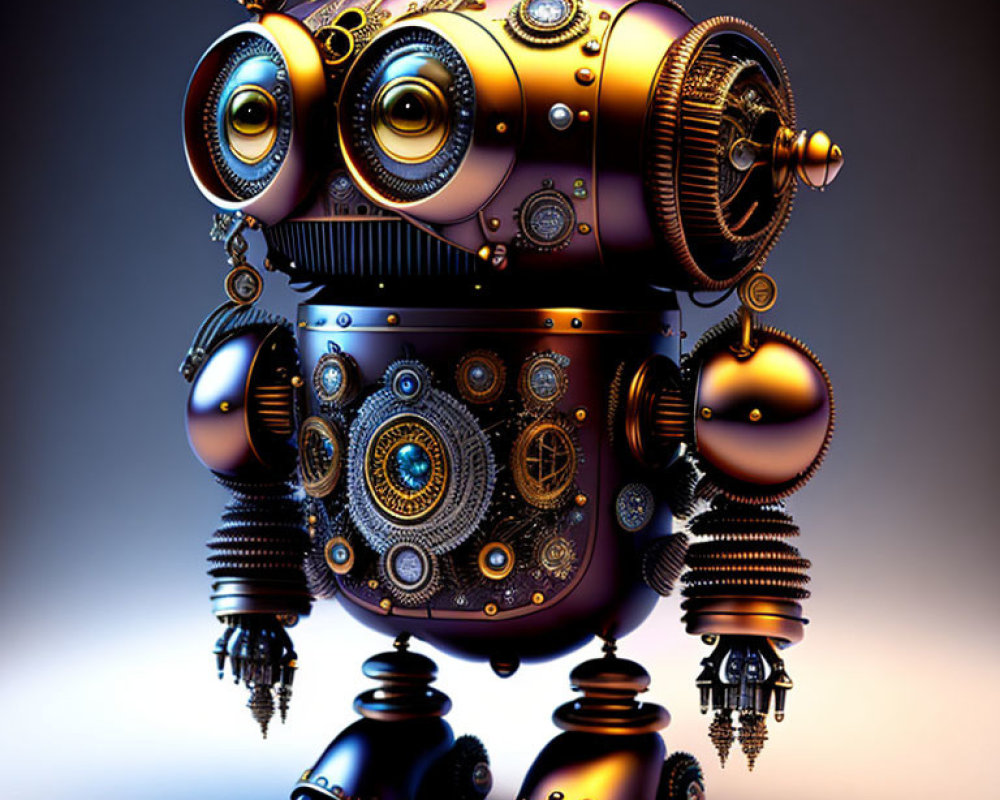 Steampunk robot with intricate gears and rivets on gradient background
