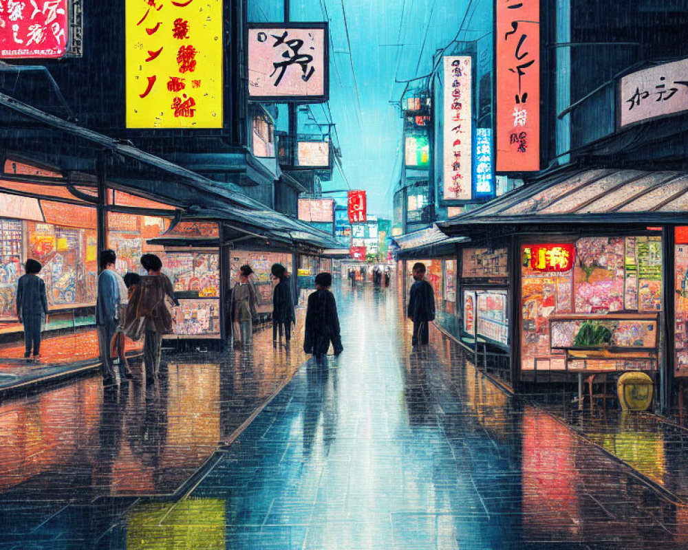 Night street scene with neon signs, wet pavement, strolling people, and shops under rainy sky