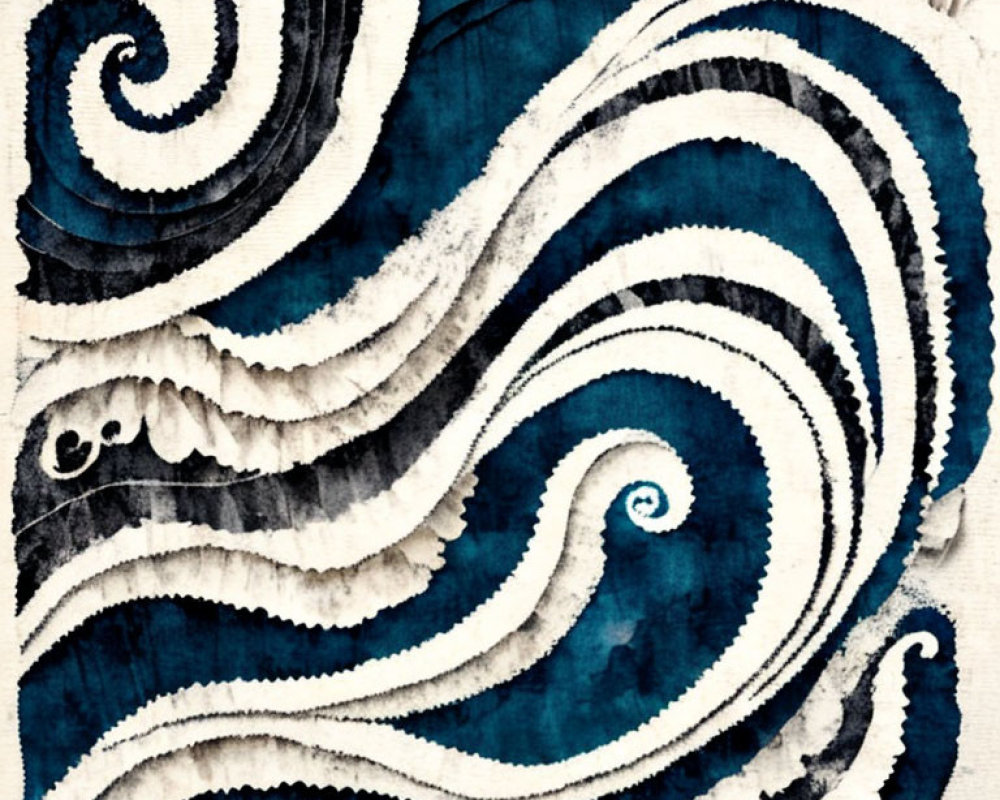 Abstract painting: white swirling patterns on textured blue background