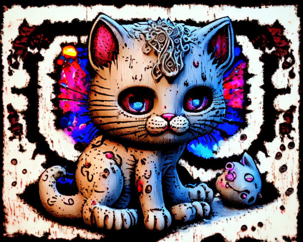 Colorful cat illustration with purple eyes and mechanical detail on head