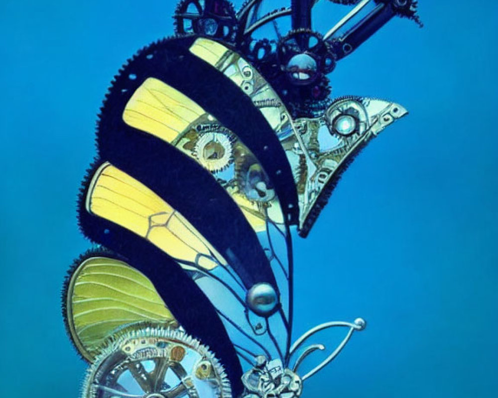 Intricate Butterfly Sculpture with Mechanical Wings on Blue Background