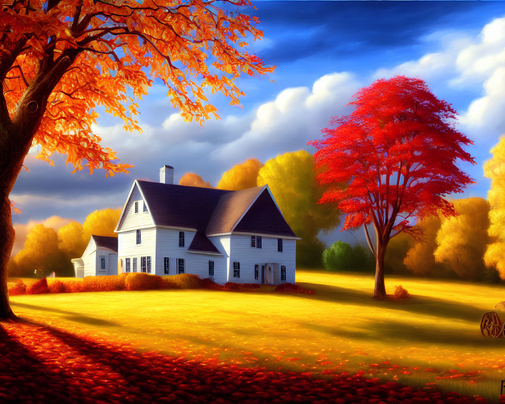 Vibrant autumn landscape with orange and red trees, white house, wooden cart, blue sky.