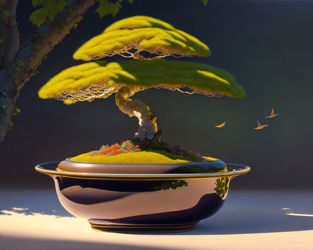 Meticulously crafted flat-top bonsai tree in elegant bowl on dark background