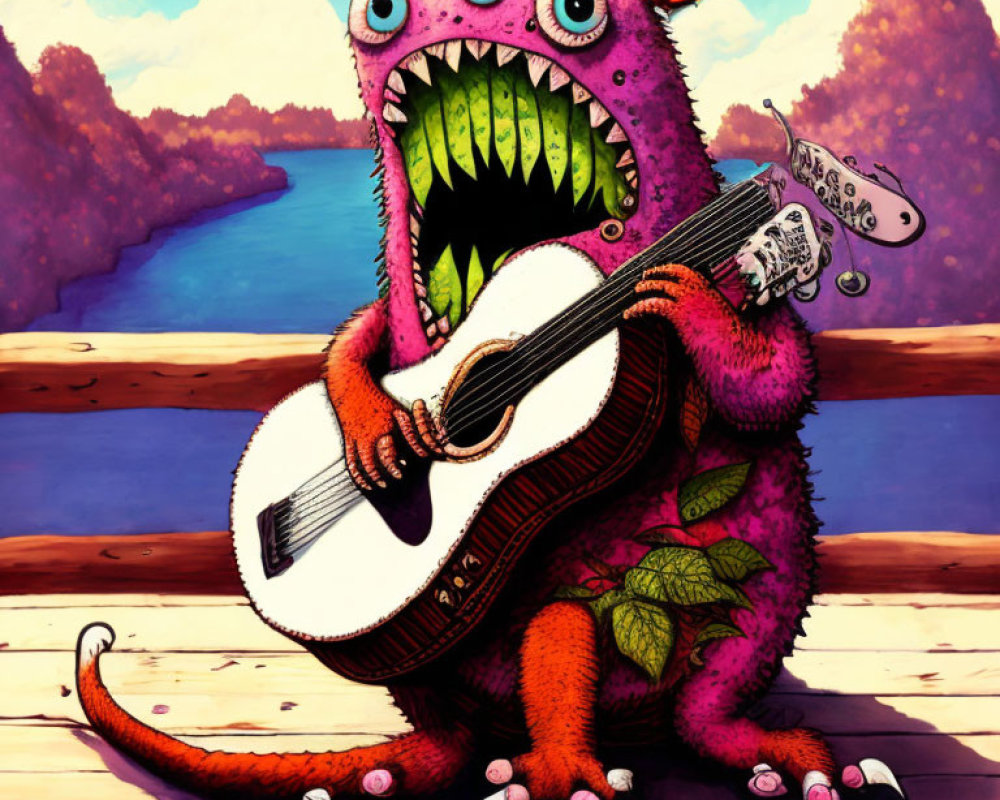 Pink four-eyed monster playing guitar by river with rose and leaves