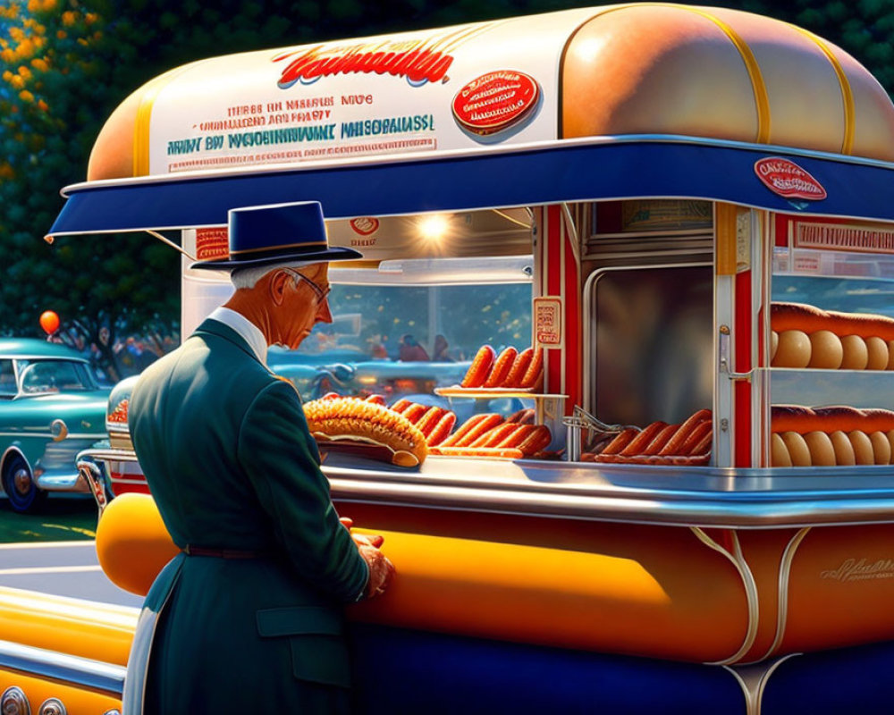 Elderly man in blue suit at colorful hot dog stand with vintage cars