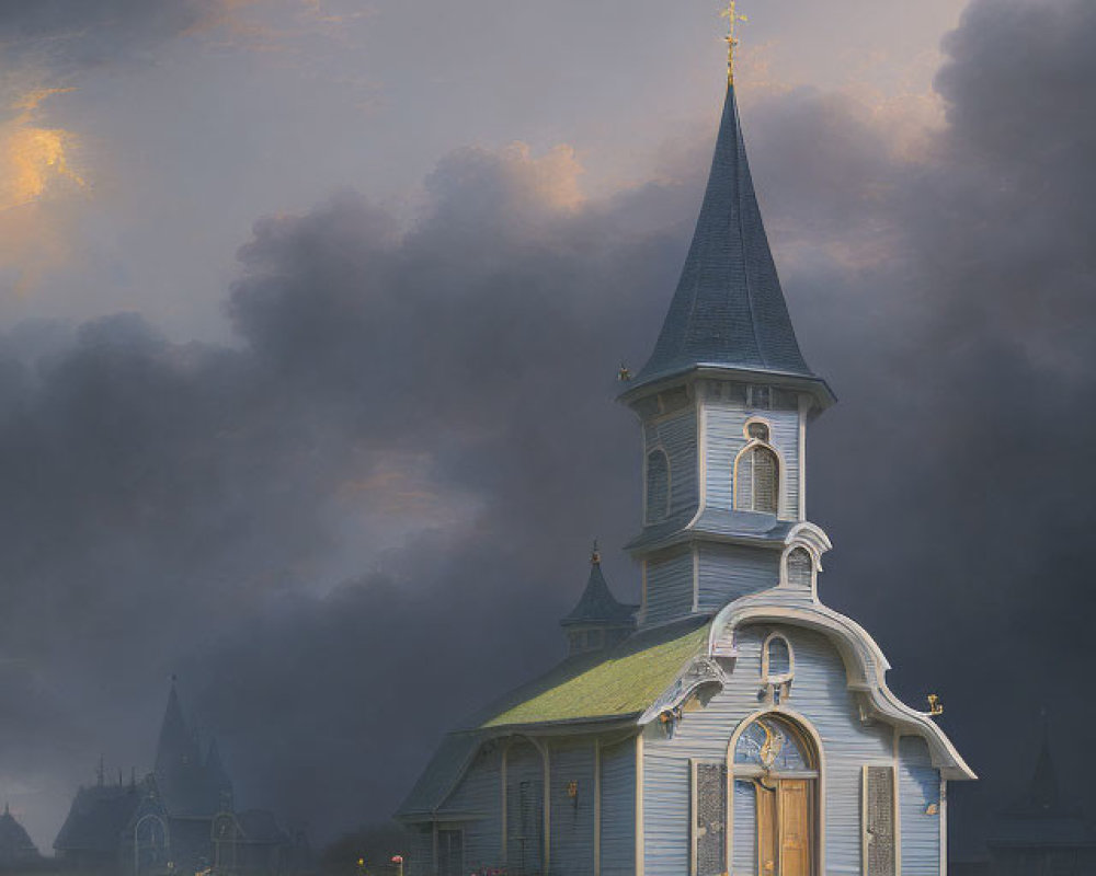 Wooden church with spire amid wildflowers under dramatic sky at dawn or dusk
