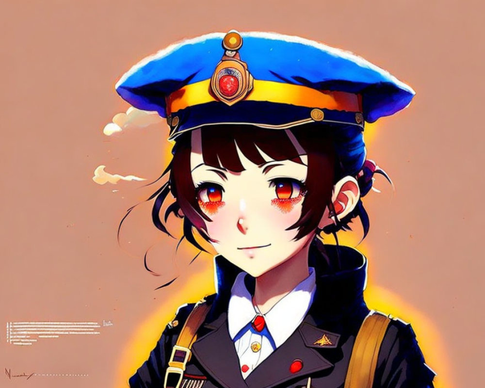 Anime-style character with brown hair, red eyes, blue police cap, dark uniform, red tie,
