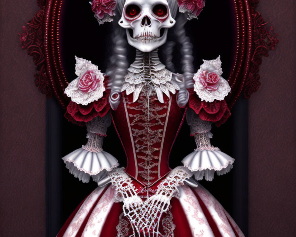Skeletal figure in gothic dress with fan, dark curtains, and roses
