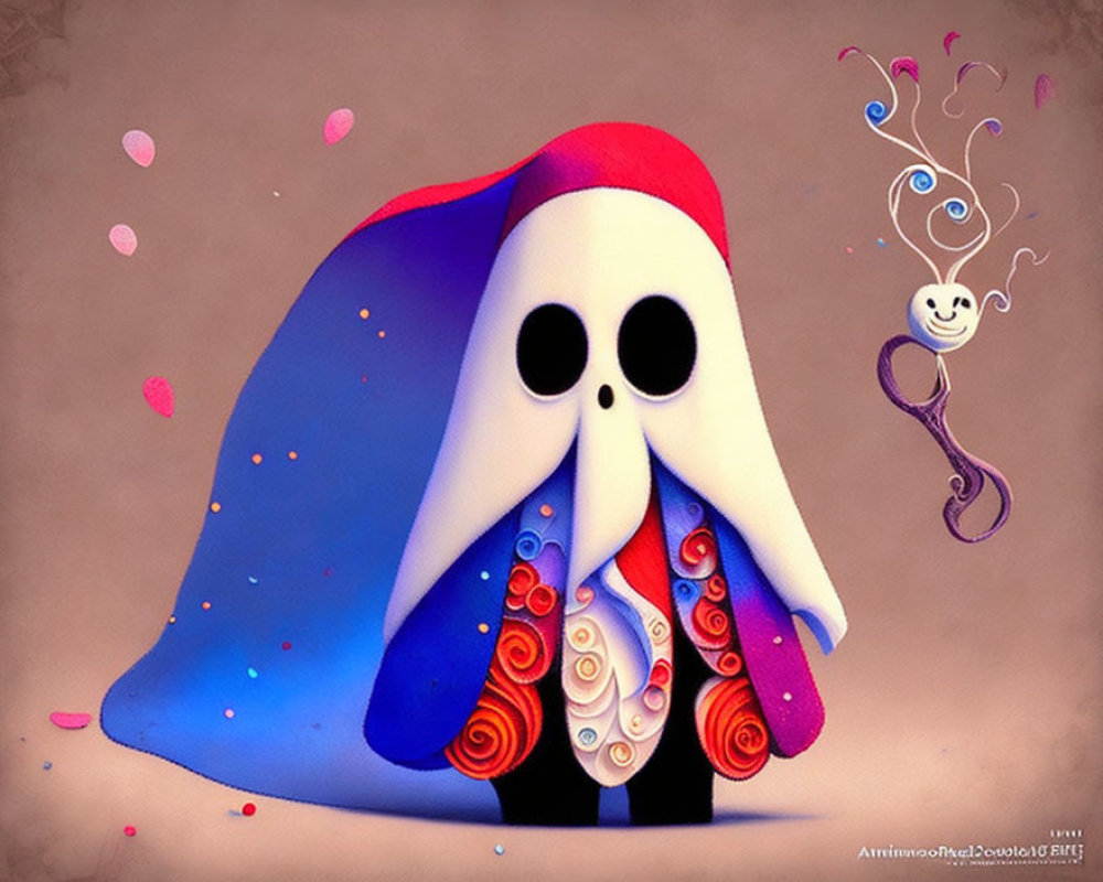 Colorful illustration of ghost-like character with swirling patterns and vibrant cloak.