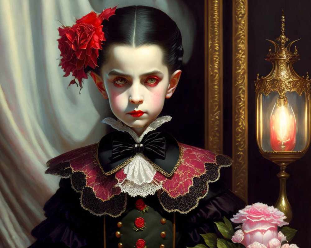Gothic painting of pale child with black hair in Victorian dress with red flower, lamp, and