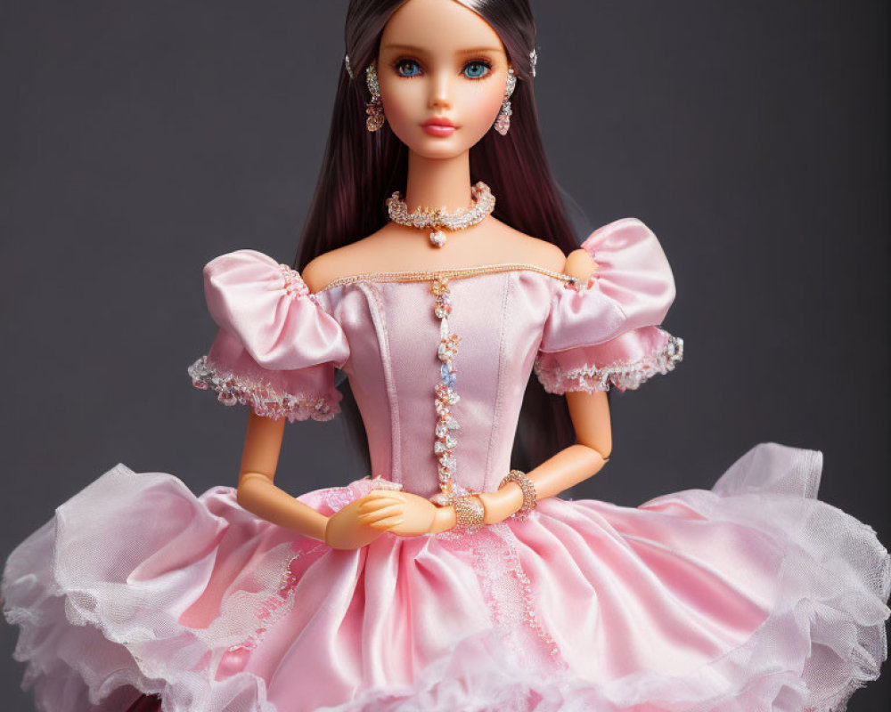 Elegant Pink Ball Gown Doll with Tiara and Jewelry on Grey Background