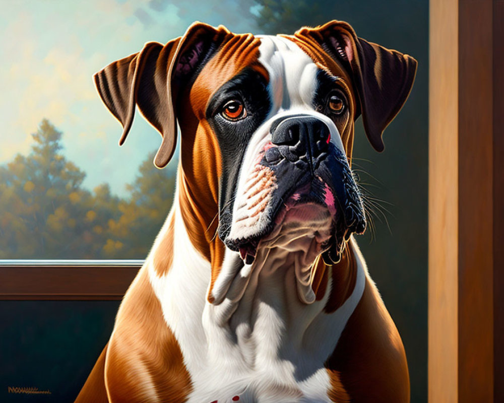 Realistic painting of brown and white boxer dog with soulful eyes in natural setting