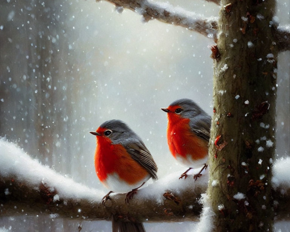 Red-breasted birds perched on snowy branch with falling snowflakes