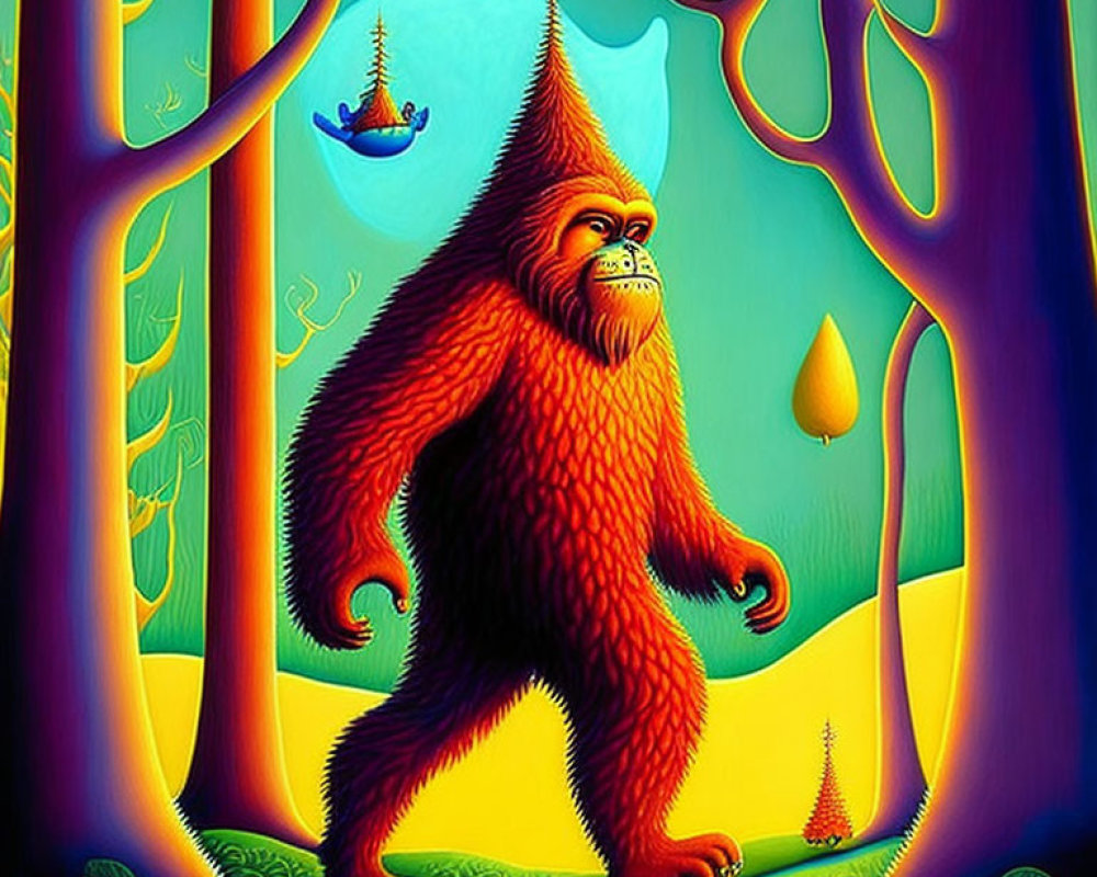 Colorful furry creature in fantasy forest with genie-like figure and surreal trees