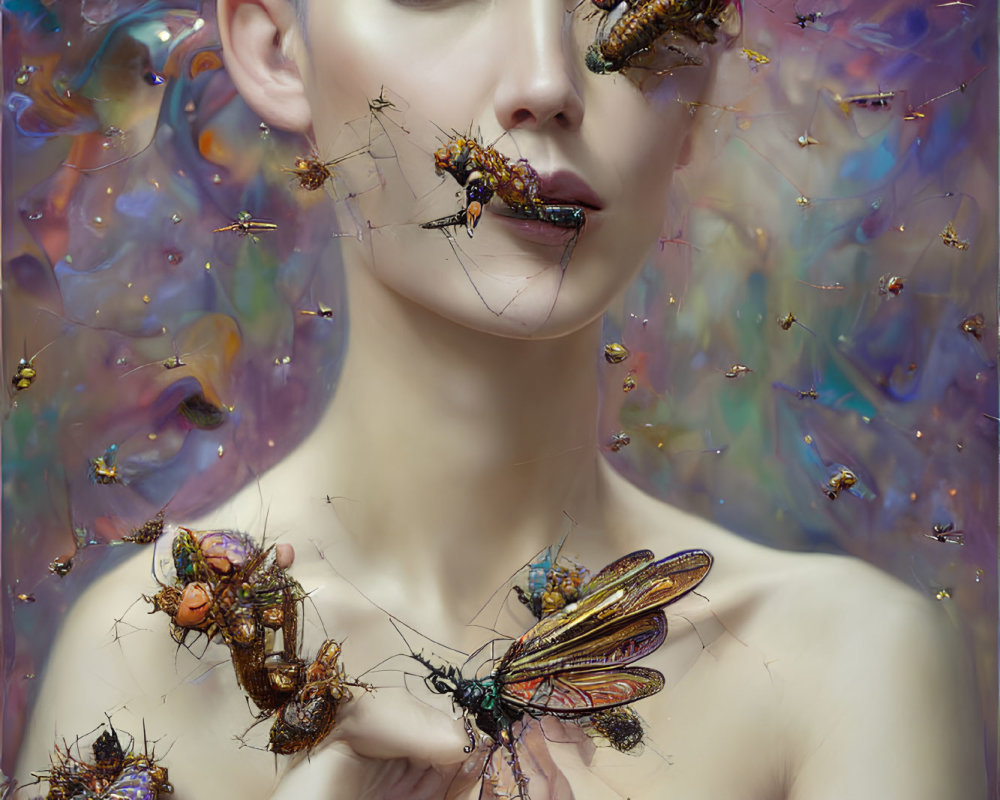Colorful Surreal Portrait with Intricate Insect Details
