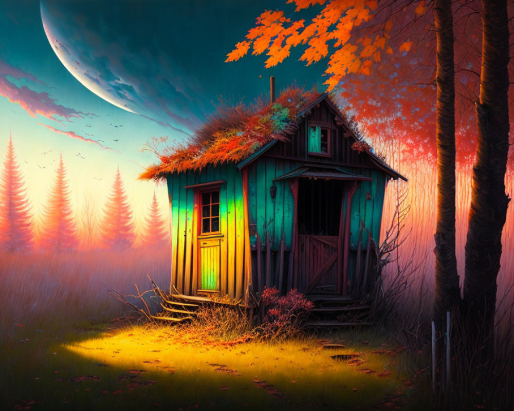 Colorful Wooden Cabin in Misty Forest Clearing at Twilight