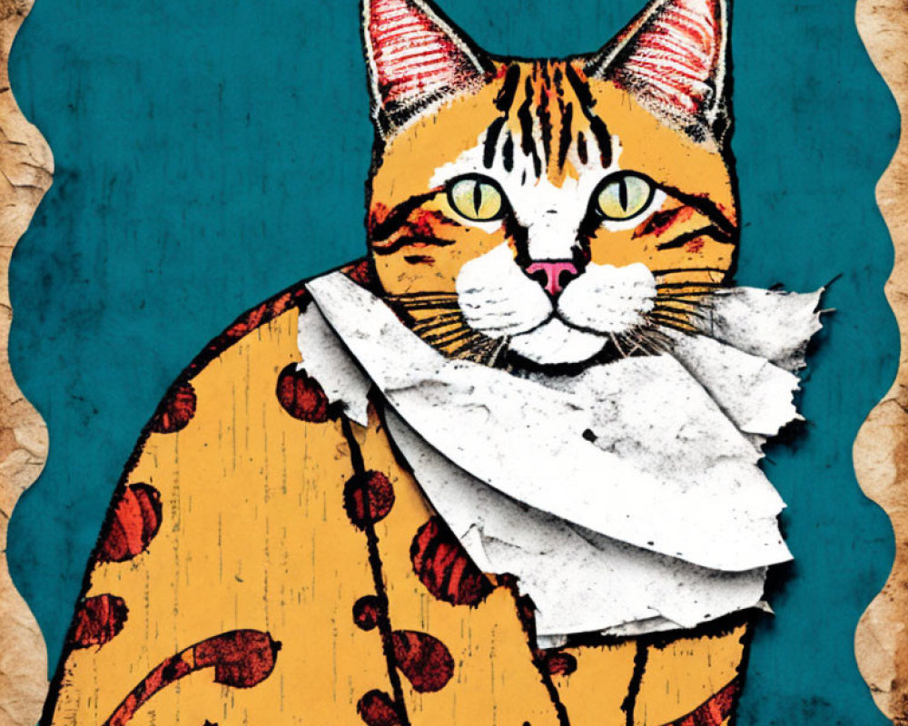 Illustration of orange tabby cat with white collar on torn floral paper.