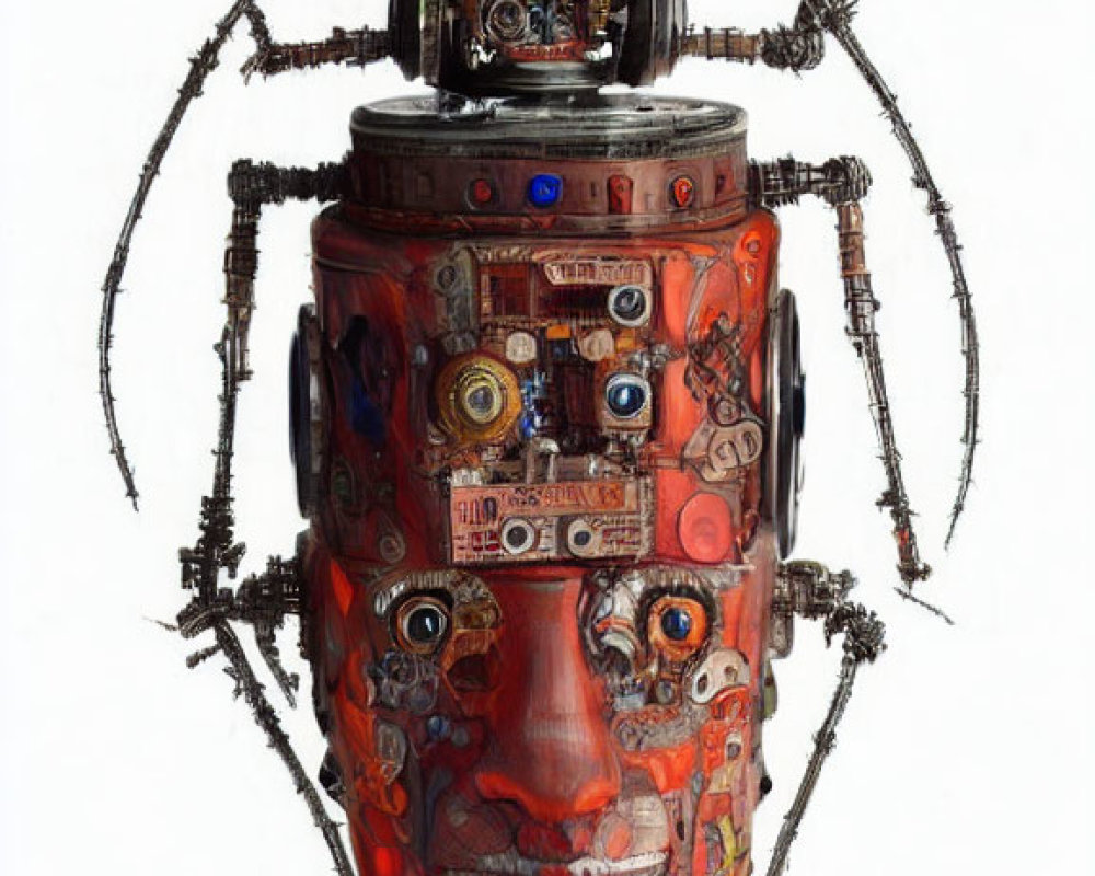 Colorful Mechanical Head Sculpture with Insect-Like Extensions