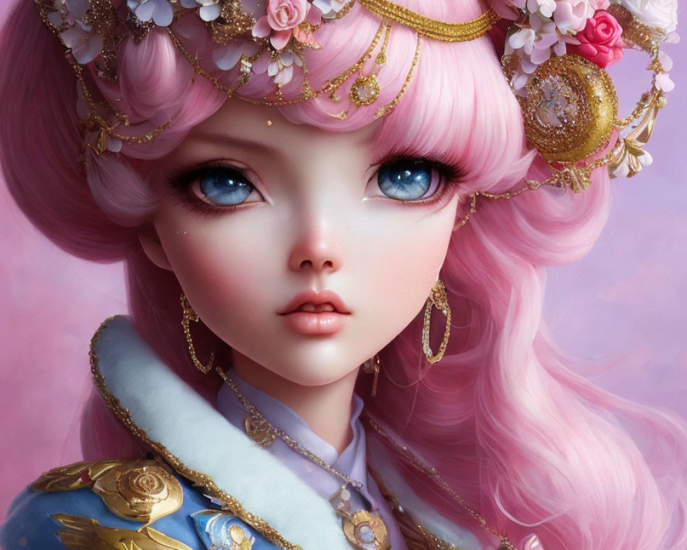 Digital artwork: Character with pink hair, blue eyes, floral headpiece, regal outfit with gold