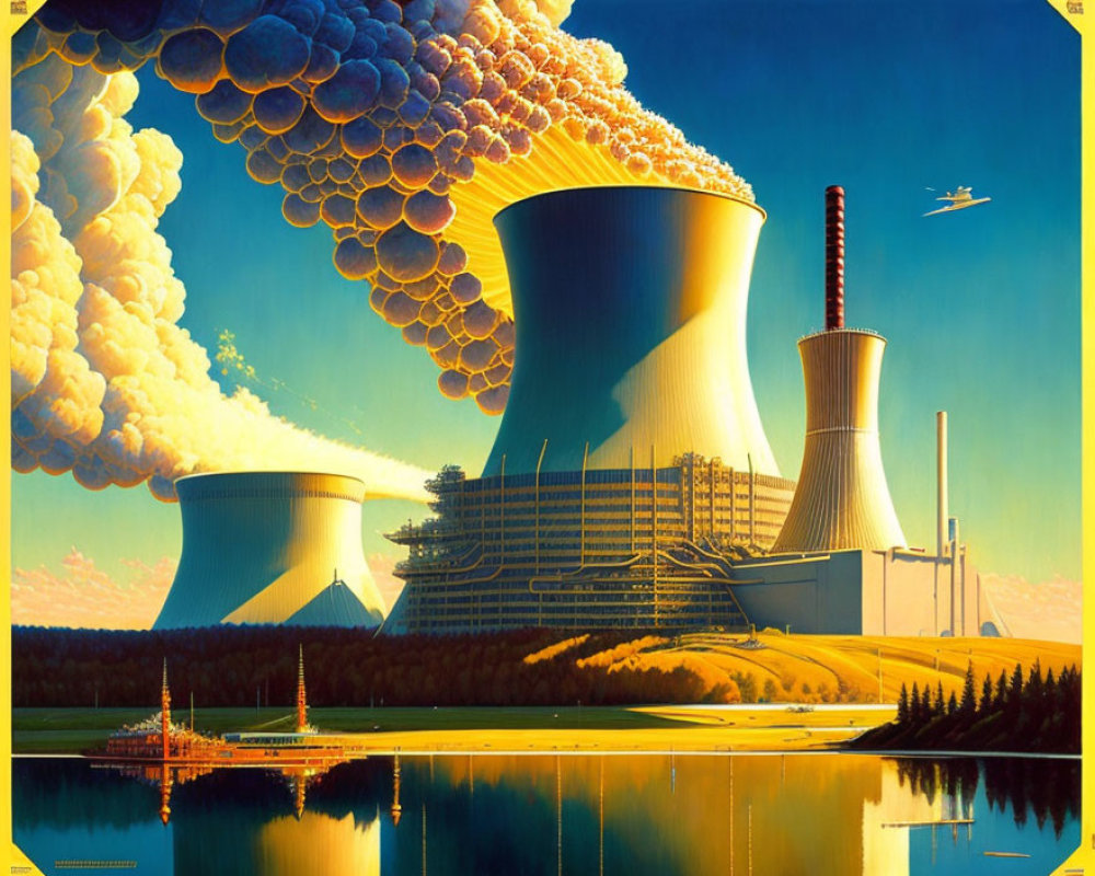 Detailed illustration of nuclear power plant with cooling towers and reflective lake under clear blue sky