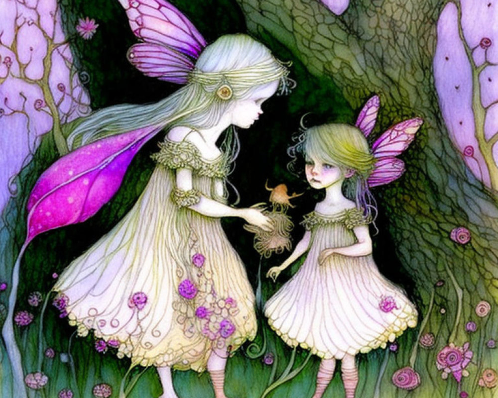 Illustrated fairies with delicate wings in mystical forest scene surrounded by vibrant flora