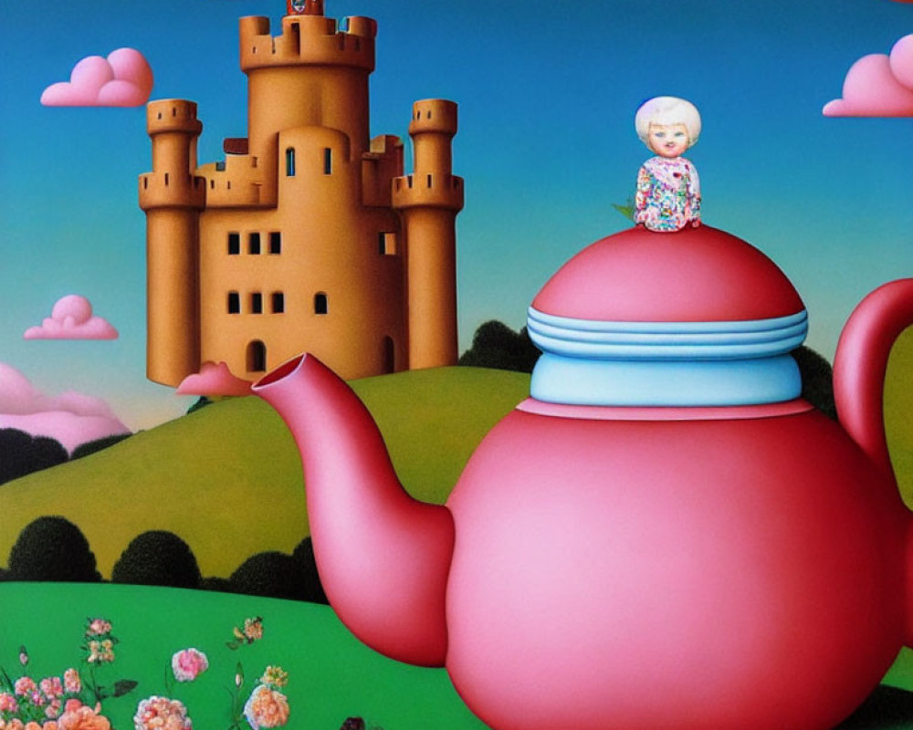 Surreal image: sand castle, matryoshka doll, giant red teapot