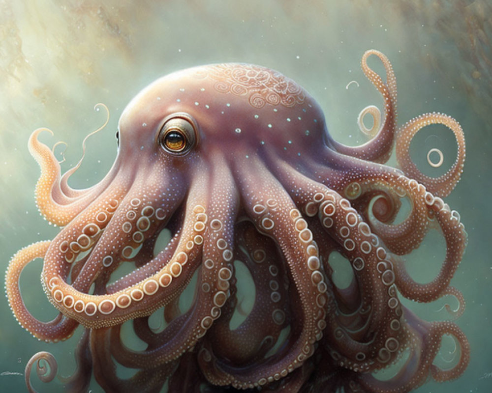 Detailed Octopus Illustration with Intricate Patterns and Expressive Eye in Underwater Setting