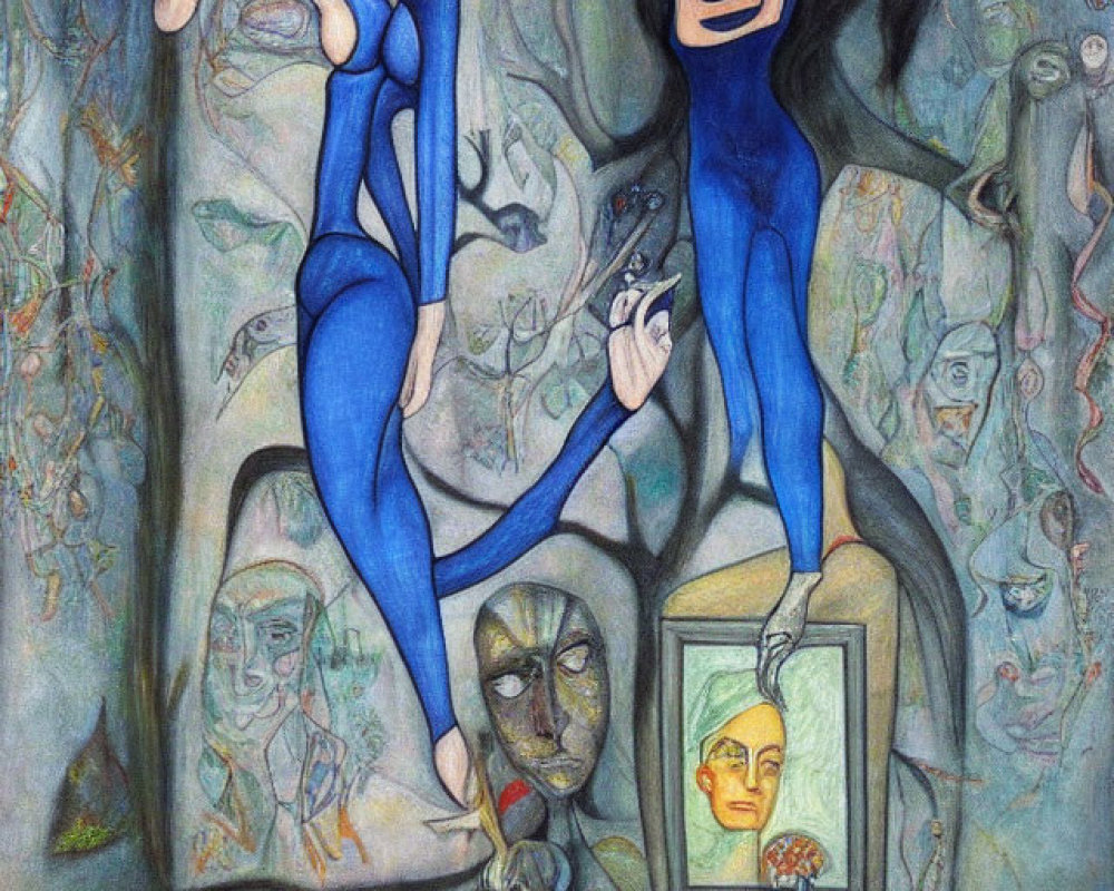 Blue humanoid figures in surreal scene with exaggerated features