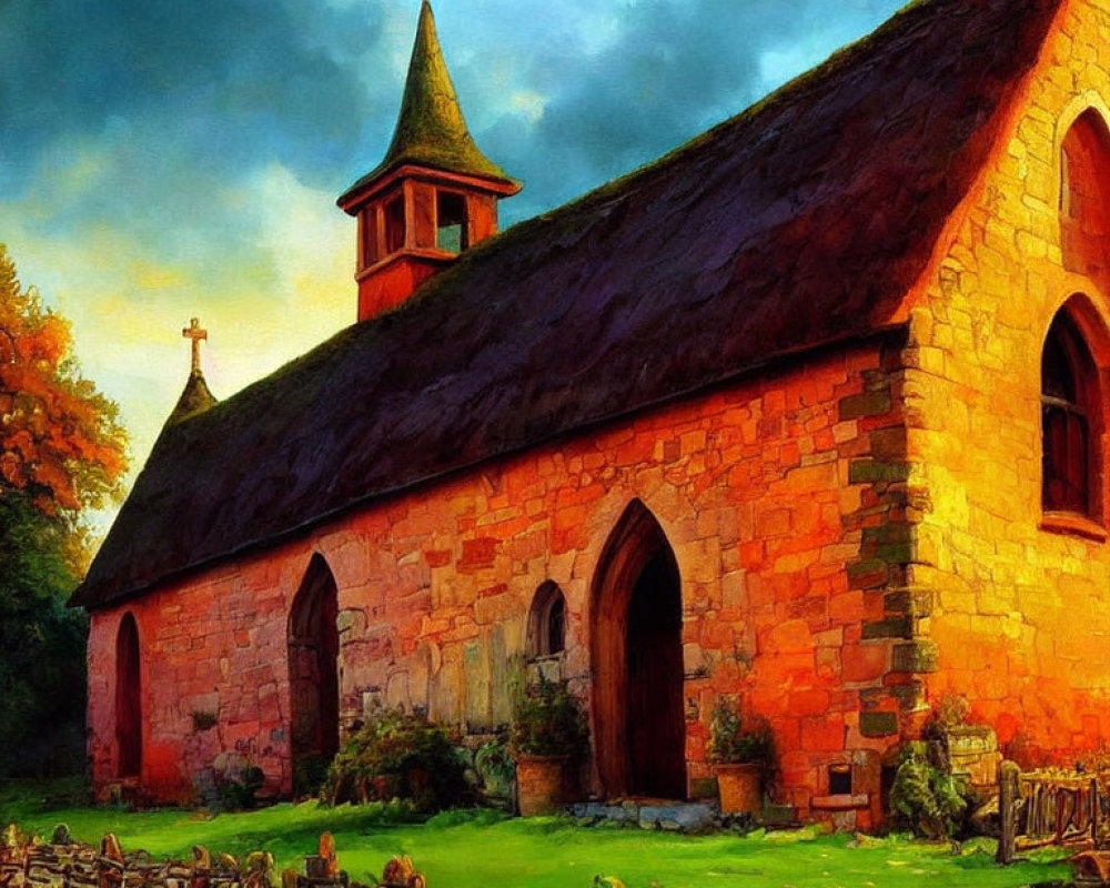 Scenic painting of old stone church with red roof and sunset sky