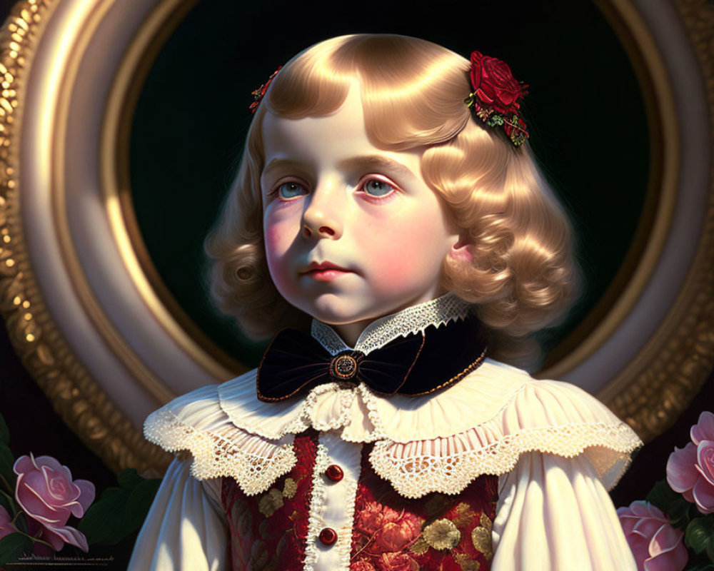 Child portrait in red velvet dress with blonde curls and lace collar in ornate oval frame