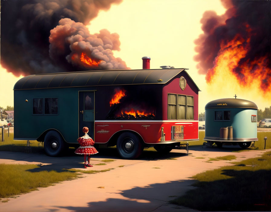 Child in red-patterned dress near burning vintage trailer in tranquil neighborhood
