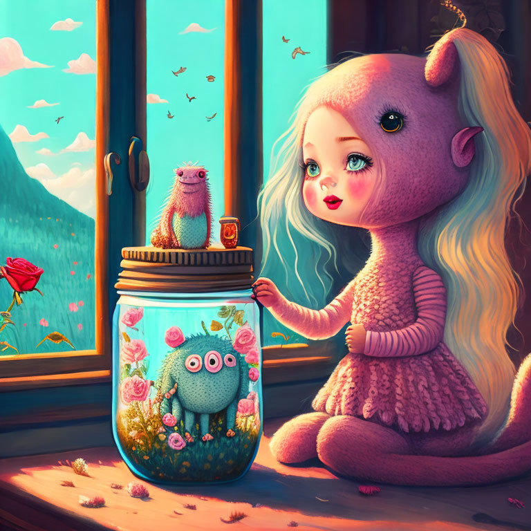 Whimsical pink-haired girl with large eyes and cute creatures in colorful mountain scene