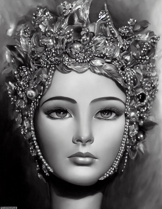 Monochrome portrait of a serene female figure with ornate jeweled headdress