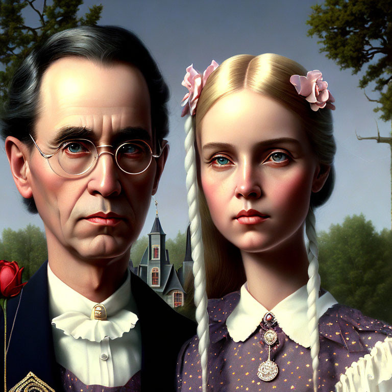 Hyperrealistic Illustration of Stern Man & Young Girl in Vintage Clothing with Church Background